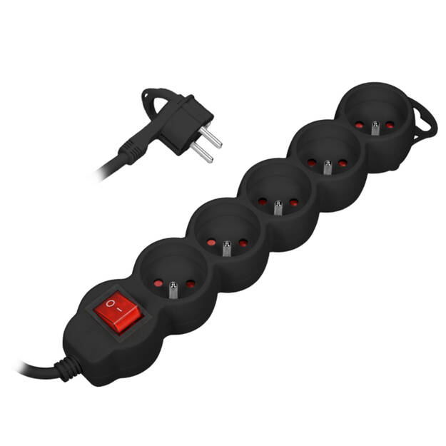 Przedłużacz z wyłącznikiem ORNO 5x2P+Z czarny - przewód 3 metry OR-AE-13150/B/3M - Meblownia.pl