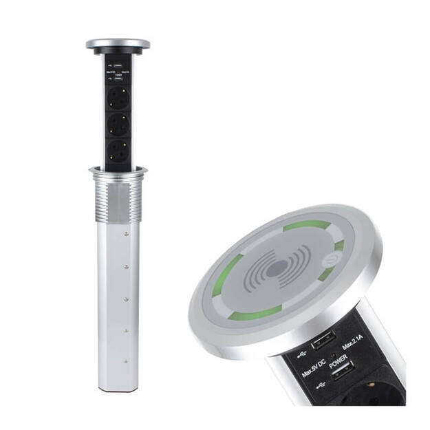 Gniazdo meblowe automatyczne LIFTBOX 3x230V + 2xUSB aluminium z ładowarką indukcyjną  - Meblownia.pl