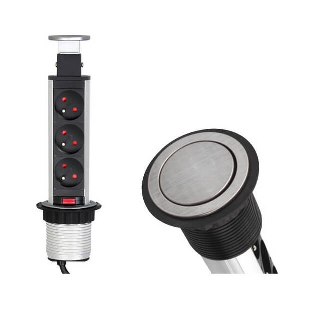 Gniazdo meblowe DESIGN LIGHT LIFTBOX 3x230V inox wysuwane z blatu - Meblownia.pl