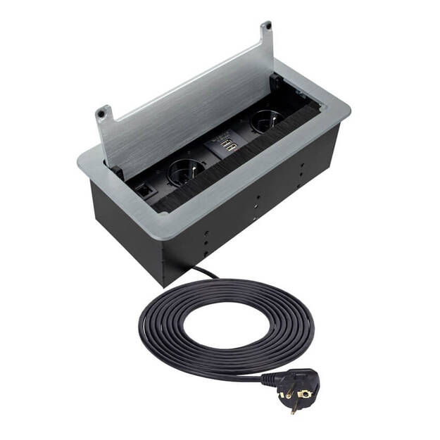  Gniazdo wpuszczane Inbox DESIGN LIGHT 2x230V + USB + RJ45 + HDMI srebrne z przewodem - Meblownia.pl