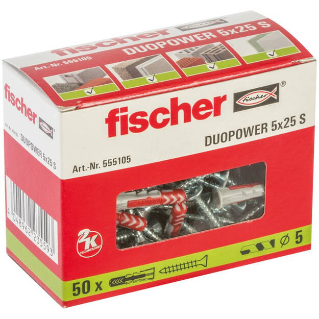 Kołek DUOPOWER Fischer 5x25 S z wkrętem - 50 sztuk (555105) - Meblownia.pl