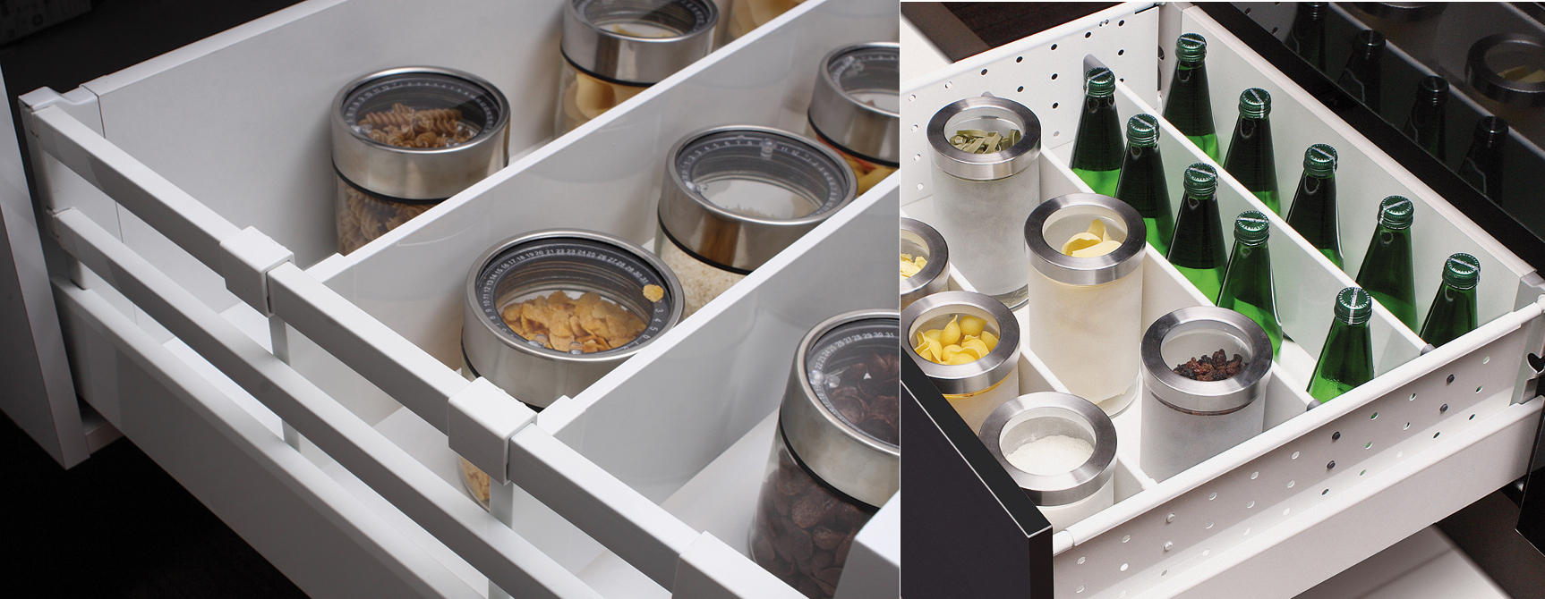 Szuflada kuchenna z przegrodami wypełniona dodatkami i akcesoriami kuchennymi